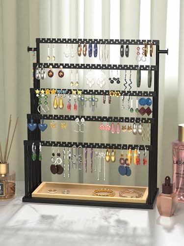Earring Holder Organizer, 5-Tier Step Jewelry Display Stand with Metal Frame and Wooden Storage Organizer, Large Earring Holder for Studs, Hoops, Dangles, Modern Jewelry Organizer for Women - Image 4