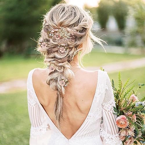5 PCS Bridal Flower Wedding Hair Pins Crystal Pearl Hair Clips Headpiece Gold Wedding Hair Accessories Jewelry with Rhinestone for Brides Bridesmaids Women Girls Updo(Cherry Blossoms Pink) - Image 2