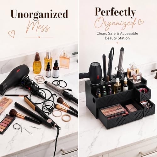 Hair Tool Organizer with 3 Drawer Wooden Blow Dryer Holder, Black - Image 4