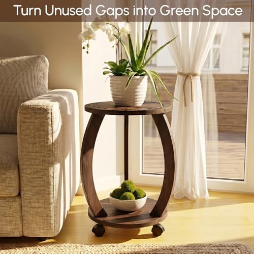 2 Pack 2 Tier Wooden Plant Stand Indoor with Wheels – Tall Plant Stand for 6-12 Inch Pots, Mid-Century Modern Rustic Plant Table Indoor, Pedestal Stand for Corner, Living Room, Balcony - Image 3