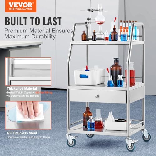 VEVOR Stainless Steel Utility Cart with 3 Shelves & 1 Drawer, 360 Swivel Casters, 220lbs Capacity - Image 2