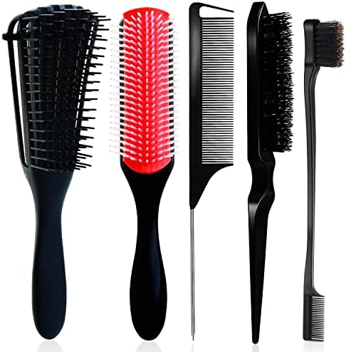 5 Pcs Detangling Brush Set Cushion Nylon Bristle Shampoo Brush Dual Edge Teasing Comb (Black-1) by WEXNECOWKZ