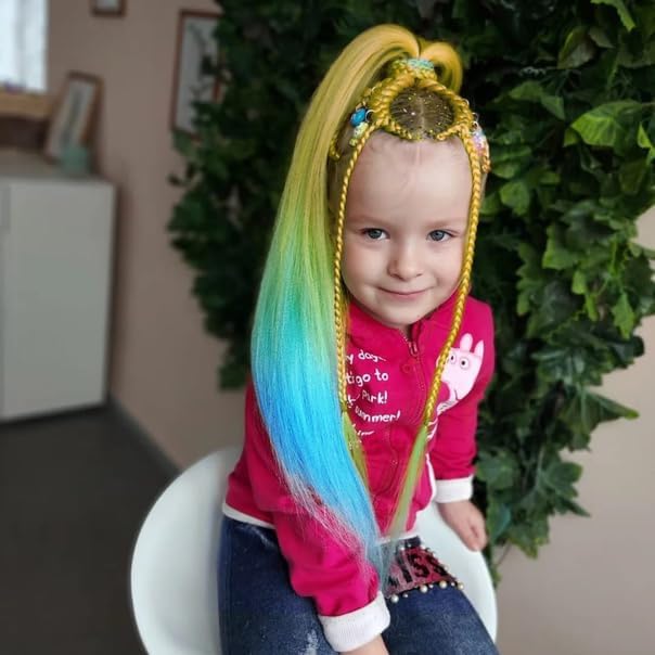 Ponytail Extension with Hair Tie 26'' Yellow Blue Gradient Braid Ponytail - Image 4