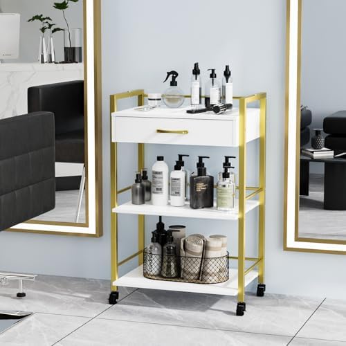 OmySalon Salon Trolley Cart with Wheels, Esthetician Cart with 1 Drawer & 2 Trays, Mobile Storage Organizer for Beauty Spa Massage Tattoo Esthetic Facial Tool Holder Station, White Gold - Image 2