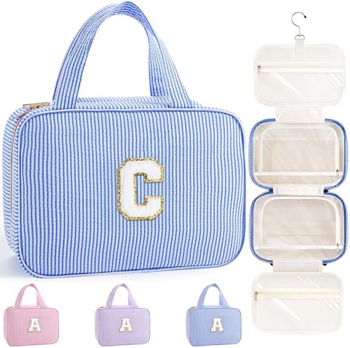 TOPEAST Hanging Toiletry Bag for Women - Travel Toiletry Bag Makeup Bag, Portable Toiletries Travel Bag and Cosmetic Bag, Airplane Travel Essentials - Letter C, Blue by TOPEAST