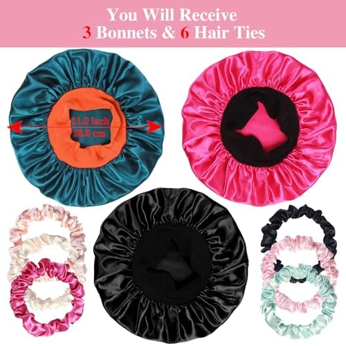 3pcs Satin Bonnets for Kids Sleeping, Cute Hair Bonnet with Scrunchies for Girls Curly Hair, D - Image 2