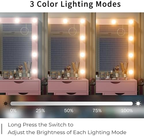 Yanosaku 15 Drawers Vanity Desk with Power Outlet, Makeup Table with Mirror and 13 LED Lights, 3 Color Lighting Modes, Brightness Adjustable, Glass Top Dressing Table, Vanity Set for Bedroom, Pink - Image 4