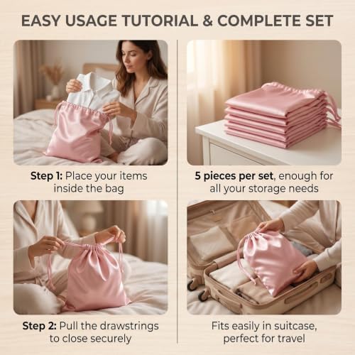 UPSTORE 5Pcs Satin Wig Storage Bags, Drawstring Silk Pouches for Hair - Image 6