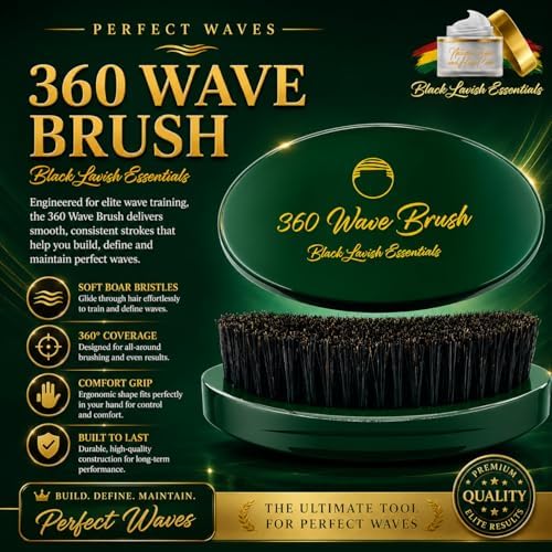 360 Wave Brush, Build Deeper Waves, Soft & Hard Boar Bristle Curved Brush, Black Lavish Essentials Signature (Medium-Hard, Emerald Green) - Image 2