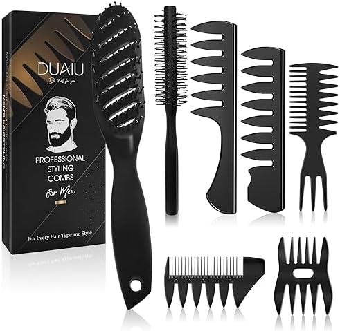 Hair Brush for Men, DUAIU 7Pcs Combs for Men, Hair Styling Comb Set with Vent Hair Brushes, Quiff Round Hair Brush, Wide Tooth Combs, Texture Comb for Blow Drying, Detangling, Grooming, Hairdressing by DUAIU