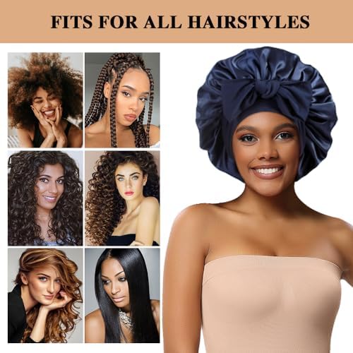 2+3 Large Satin Bonnets with Scrunchies for Women, Hair Bonnet Sleeping Tie Bonnet for Braids Curly Hair - Image 4