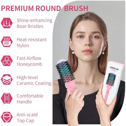 UREELIN Round Brush for Blow Out - 1.7 Inch Nano Thermal Ceramic & Ionic with Boar Bristles - Salon Blow Drying Hair Brush for Drying,Volumizing, Curling, Shine & Smooth Styling - Image 2