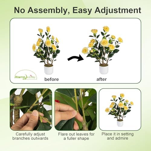2 Pack Artificial Camellia Tree with White Pot, 24" Faux Potted Plants for Indoor Outdoor Decor, Tall Silk Greenery Plant for Home Office Living Room Balcony, Yellow - Image 6