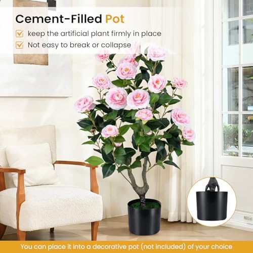 Goplus 35.5’’ Artificial Camellia Tree, Flower Plants Artificial Tree - Image 5