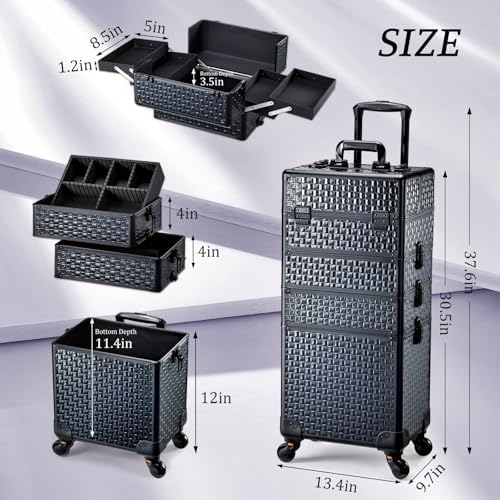 4 in 1 Rolling Makeup Trolley Train Case Cosmetic Suitcase Nail Tech Box for Makeup Artist, Hairstylists, Nail Tech Case with with Keys Swivel Wheels Traveling Trunk (Shiny Brick) - Image 6