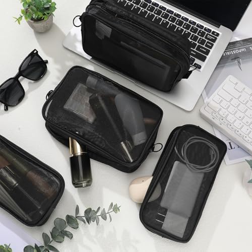 Weewooday 4Pcs Mesh Makeup Bag, Black, Large,Medium, Classic - Image 5