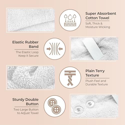 Lili&James 100% Cotton Hair Towel Wrap for Women & Kids – 420 GSM Quick Dry Hair Turban with Double Button Loop, Anti Frizz Non Microfiber Hair Drying Towel for Long & Thick Hair (White+Pink+Lilac) - Image 5