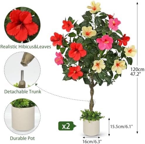 Briful 4ft Artificial Hibiscus Tree 2 Pcs, Fake Tropical Potted Plant - Image 3