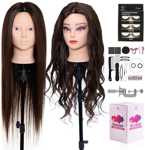Mannequin Head 80% Human Hair - 28 Inch Make up Cosmetology Manikin Practice Doll Head with Hair, Braiding Styling Dummy with Table Clamp + DIY hair Styling Set by NeverlandBeautyHealth