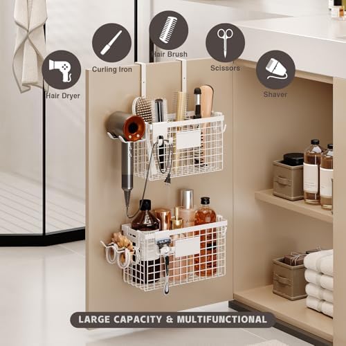 Magheo Hair Dryer Holder Cabinet Door 3-in-1 Adhesive Hair Tool Organizer Wall Mounted Adjustable Height Blow Dryer Holder Under Sink Bathroom Hair Appliance Organizer and Storage Countertop(White) - Image 3