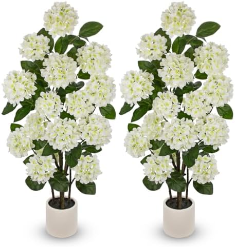 2 Pack 4FT White Hydrangea Artificial Flowers Tree Potted Hydrangea Flowers by Hollyone