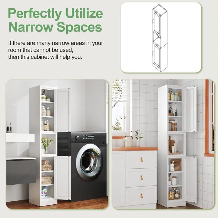 Ckzbx Tall Narrow Storage Cabinet 66.93" H Tall Bathroom Cabinets Metal Pantry Cabinet, 4 Adjustable Shelves for Kitchen, Home Office, Living Room, Dinning Room (12 inches Wide White) - Image 5
