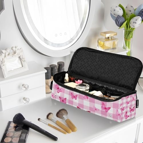 Hair Tools Travel Bag with Heat Resistant Mat Detachable 2-in-1 Curling Iron Travel Case Hot Tools Organizer for Straightener Flat Iron Checkered Pink and White Butterflies - Image 7