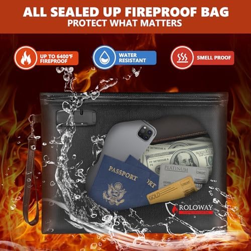 ROLOWAY Fireproof Document Bag (14.5 x 11.5 inch), 6400℉ Fireproof Money Bag with Zipper for Cash, Fire Safe Money Pouch with Lock (Black) - Image 3