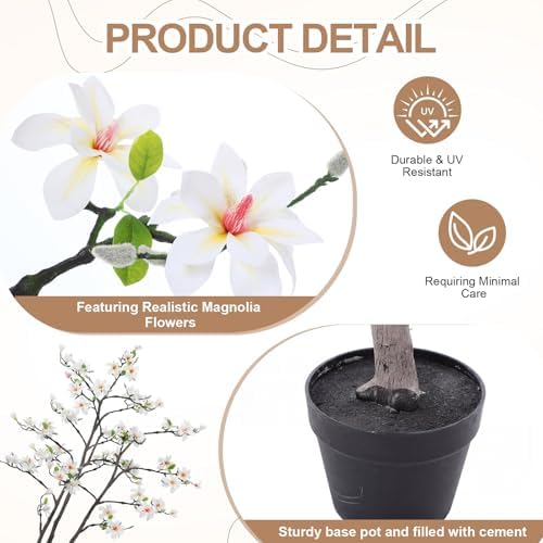Giegxin 6 FT Tall Artificial Magnolia Tree, 72 Inches Faux Magnolia Trees Realistic UV-Resistant Flower Leaves Plant with Pot for Patio Home Office Wedding Living Room Indoor Outdoor Decor(White) - Image 3