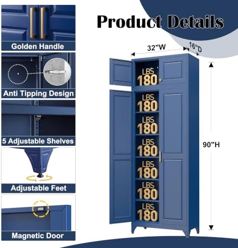 SteeLoong 90”Metal Pantry Storage Cabinet with Doors & 5 Adjustable Shelves - Image 3