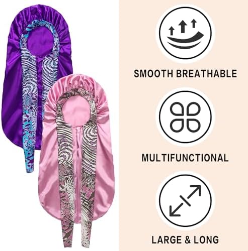 2Pcs Bonnets for Black Women Braid Bonnet, Large Long Satin Silk Bonnet for Braids,Black Women Braid Bonnet with Stretchy Tie Band for Sleeping Extra Long (Purple & Pink Pattern) - Image 4