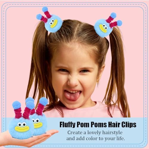 MIUPOO Fluffy Pom Poms Hair Clips,Crazy Hair Day Accessories for Girls,Quirky Little Monster Barrettes,Plush Duckbill Hairpins Hair Barrettes,Party Modeling Hair Accessories,Blue, 2 Pieces. - Image 3