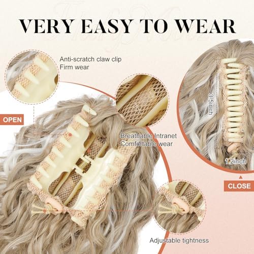 FLUFYMOOZ Ponytail Extension, 12" Short Claw Ponytail Extension Wavy Curly Jaw Clip in Pony tails Hair Extension Natural Synthetic Hairpiece for Women (Light Blonde with White Blonde Highlight) - Image 4