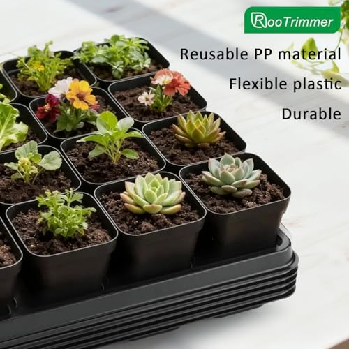 RooTrimmer 24 Cell Nursery Pots Trays 10 Pack (17"x11"x1.6"), Reusable Plastic Plant Pot Tray with Drain Holes, Carrying Seed Starter Tray for Holding 2.8 inch (7CM) Square Nursery Pots (Black) - Image 6