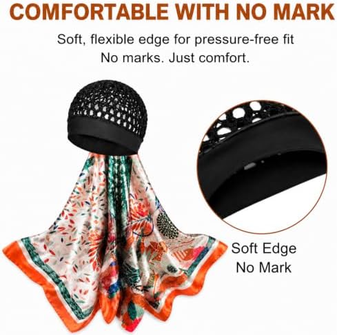 2 in 1 Wrap Cap Hair Net and Scarf for Silk Press, Satin Wrap Cap Bonnet for Women, Adjustable Stay-On Sleep Hair Net Scarf for All Hair Types (Orange, One Size) - Image 4