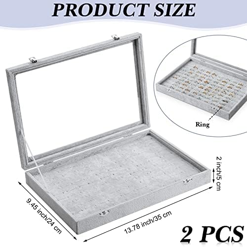 Yinkin 2 Pcs 100 Slots Ring Organizer Box with Transparent Glass Lid Necklace Display Tray Ring Case Velvet Jewelry Holder (Gray) - Image 2