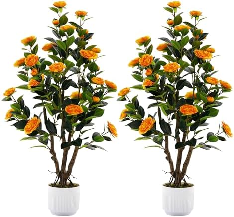 2 Pack Artificial Camellia Tree with White Pot, 38" Faux Potted Plants for Indoor Outdoor Decor, Tall Silk Greenery Plant for Home Offce Living Room Balcony,White, Orange by Jcezvnt