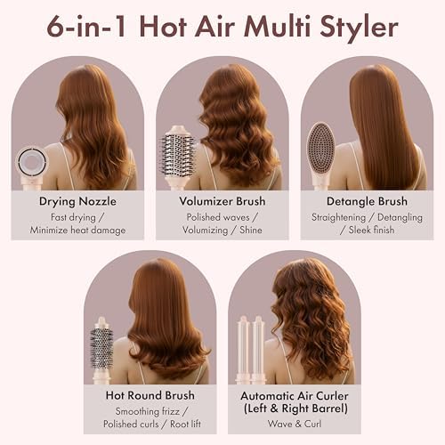 6-in-1 Hot Air Multi-Styler with Case, Hair Dryer & Blow Dryer Thermal Round Brush, Auto-Wrap Curler & Straightener, Fast Drying & Negative Ion Styling for Frizz-Free Blowouts (Peony Blush) - Image 3
