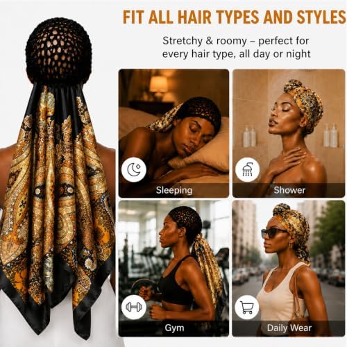 2 in 1 Wrap Cap Hair Net and Scarf for Silk Press, Satin Wrap Cap Bonnet for Women, Adjustable Stay-On Sleep Hair Net Scarf for All Hair Types - Image 5