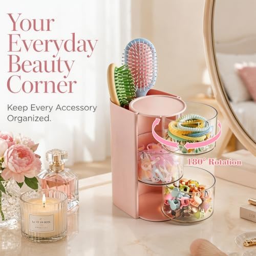 Azurphoric Hair Accessories Organizer with Hair Brush Holder(Pink, 3-Layer) - Image 3