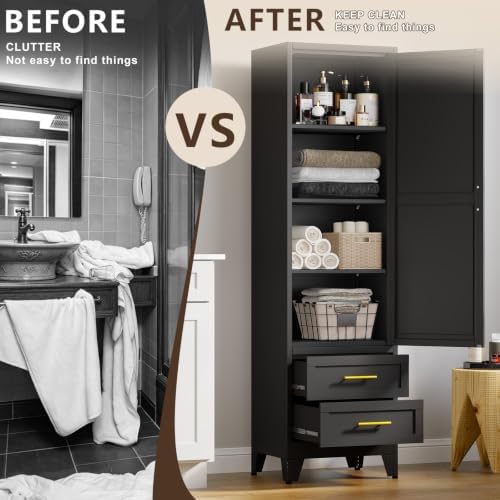 67" Tall Narrow Metal Storage Cabinet, Freestanding Pantry Organizer, Black - Image 6