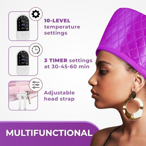 Hair Steamer for Deep Conditioning w/10-level Heats Up Quickly, Heating Cap for Deep Conditioner - Thermal Steam Cap for Black Hair, Great for Hair Treatment (Purple) - Image 4