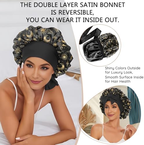 Satin Hair Braid Bonnet for Sleeping Double Layer Elastic Wide Soft Tie Band Hair Silk Lined Sleep Cap Women Girls - Image 6