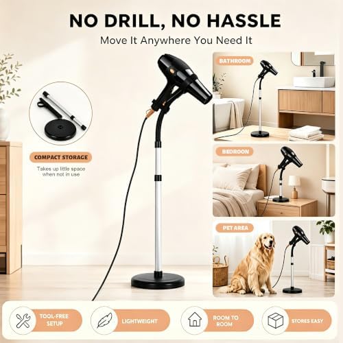 Erytlly Hair Dryer Stand Hands Free 360-Degree Rotating 2 Heads Adjustable Height Metal Hair Dryer Holder Blow Dryer Holder About for 0.5kg Hair Dryer in Bathroom, Vanity, Makeup Room Basic New - Image 3