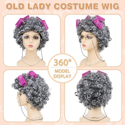 Old Lady Wig Costume for Girls, 100 Days of School Costume Grandma Granny Costumes with Curly Grey Wig Glasses Cane for Girls for Cosplay - Image 4