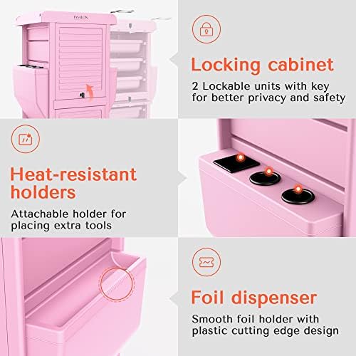 TASALON Lockable 6-Tray Salon Rolling Cart with 2 Holders, Pink - Image 4