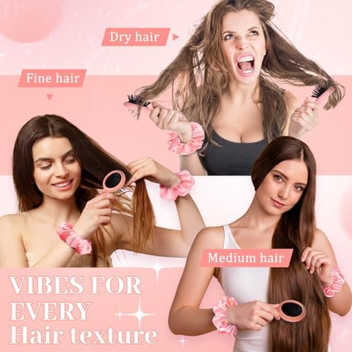 Sliner 24 Pcs Mini Hair Brush with Mirror and Scrunchies, Pink - Image 6