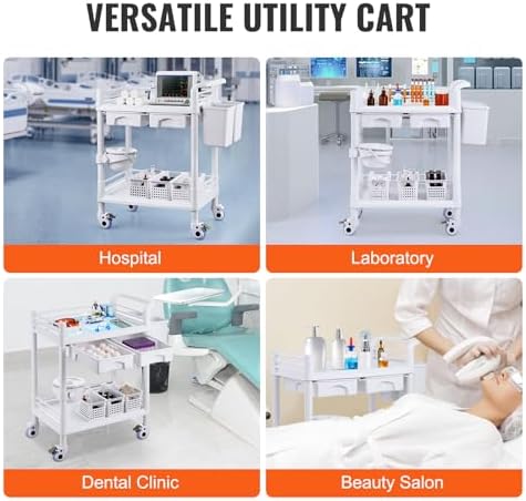VEVOR Medical Mobile Trolley Cart with 2 Drawers & 3 Trash Cans, 2 Tiers Beauty Salon Rolling Trolley with 4 Silent Wheels & 2 Dirts Bucket & Bowl, Medical Utility Cart for Hospital Dental Clinic Lab - Image 6