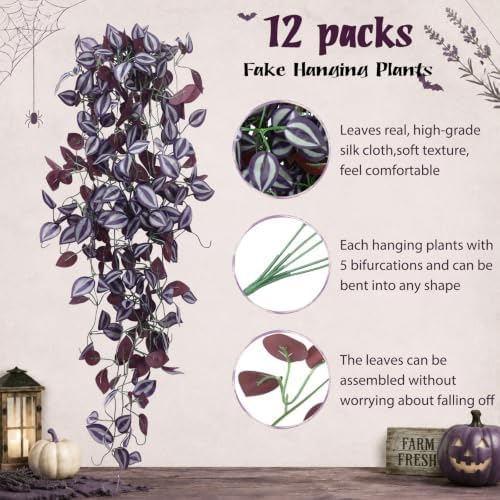 Daifunli 12 Pcs Halloween Artificial Hanging Plants, Purple Eyebrow - Image 4