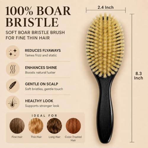 100% Boar Bristle Hair Brush for Fine Hair, Soft Boar Bristle Oval Cushion Brush for Girls & Women with North American Oak Wood Handle, Wide Tooth Comb & 2-in-1 Cleaning Tool for Daily Shine, Black - Image 2